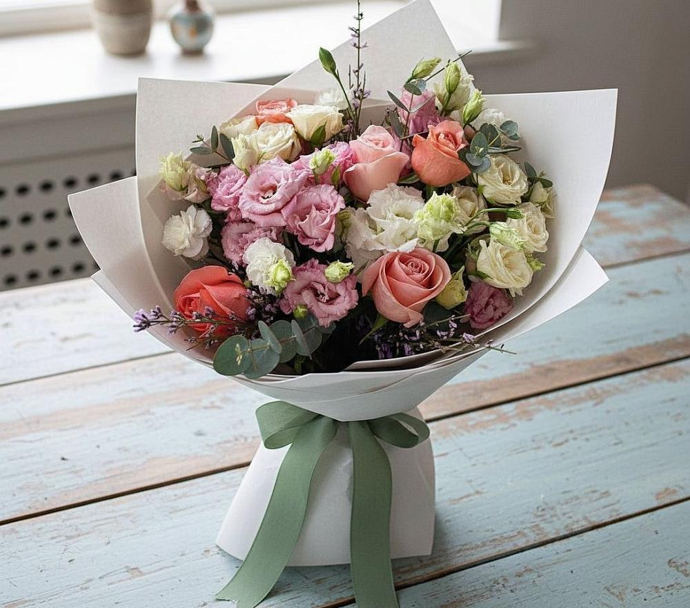 Букет цветов из: Розы, Лизиантусы и Гвоздики в Усть-Кишерть