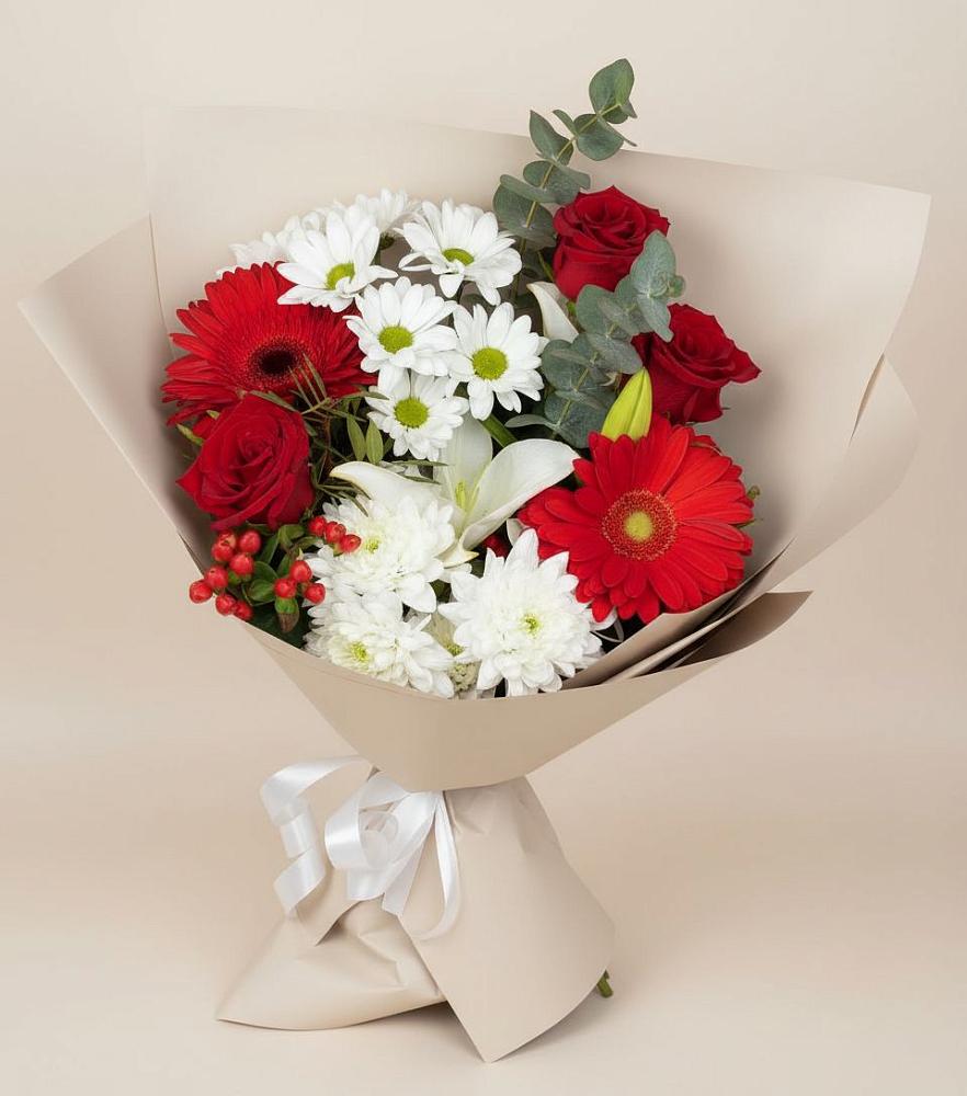 Букет цветов из: Розы, Хризантемы, Герберы и Лилии в Усть-Кишерть