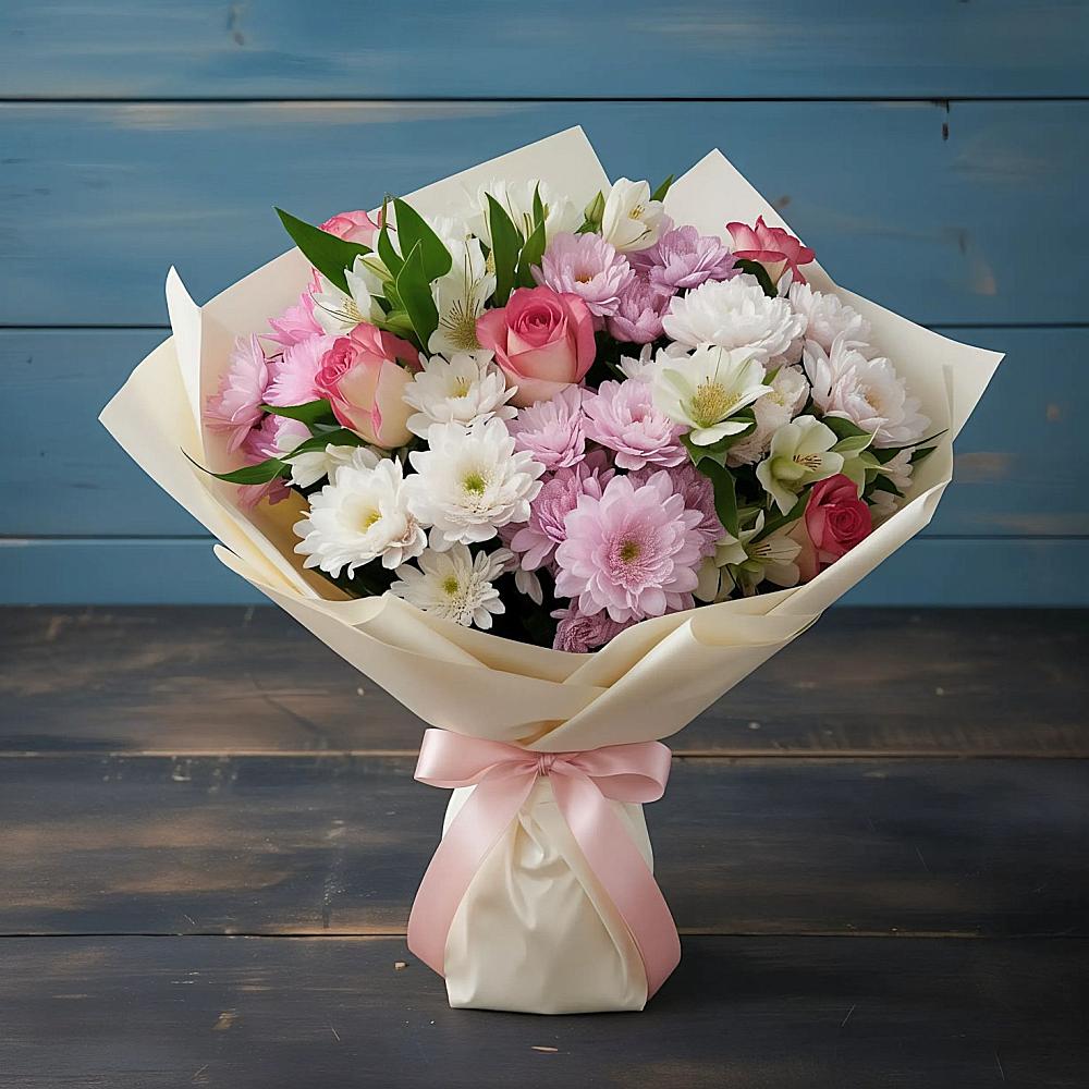 Букет цветов из: Хризантемы, Альстромерии и Розы в Усть-Кишерть